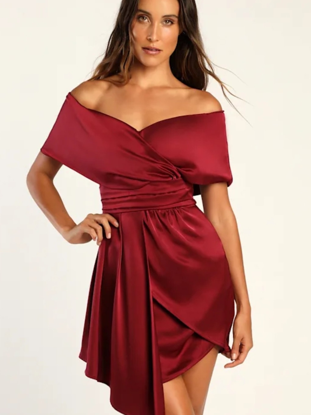 Always Celebrating Burgundy Satin Off-the-Shoulder Mini Dress